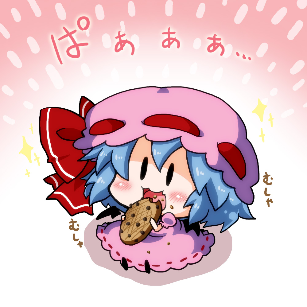 1girl :3 bat_wings blue_hair bow chibi commentary_request cookie detached_wings fang food hair_between_eyes hair_bow mob_cap noai_nioshi open_mouth puffy_sleeves red_bow remilia_scarlet short_hair short_sleeves solo sparkle touhou wings |_|