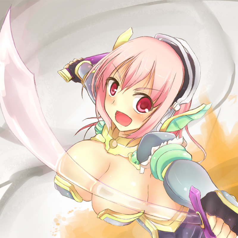 1girl armor blush breasts cleavage headphones large_breasts long_hair looking_at_viewer nitroplus open_mouth pink_eyes pink_hair shappo_(dodosyappo) smile solo super_sonico sword weapon