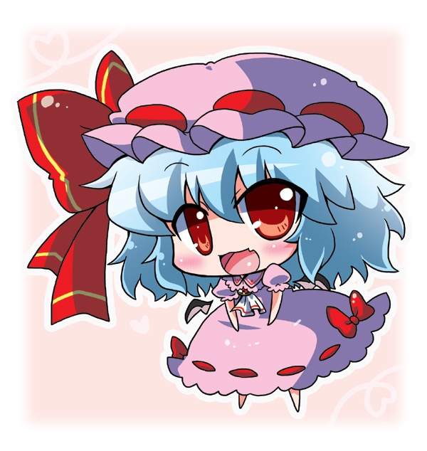 1girl bat_wings blue_hair bow chibi commentary_request detached_sleeves fang hair_between_eyes hair_bow mob_cap noai_nioshi open_mouth puffy_sleeves red_bow remilia_scarlet short_hair short_sleeves solo touhou wings