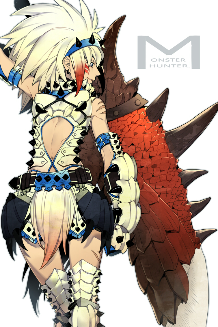 1girl armor armpits barioth_(armor) blue_eyes blue_gloves copyright_name earrings facial_mark gloves hairband huge_weapon jewelry jyun_xix leaning_back looking_back monster_hunter monster_hunter_3 navel scar solo spiked_hairband spikes sword thigh-highs vambraces weapon white_hair