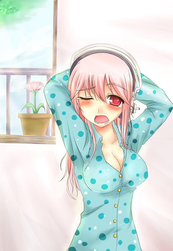 1girl blush breasts cleavage headphones large_breasts long_hair looking_at_viewer nitroplus one_eye_closed open_mouth pajamas pink_eyes pink_hair shappo_(dodosyappo) sleepwear solo super_sonico tears yawning