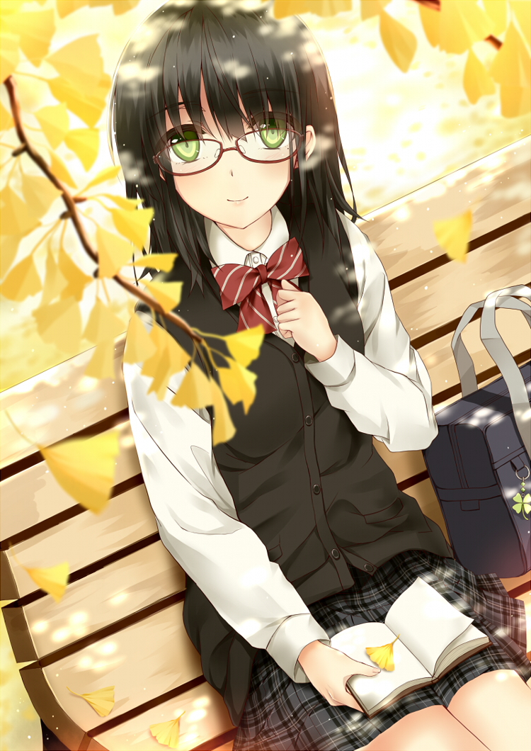 1girl autumn bag bench black_hair book bowtie clock_(clockart) dress_shirt ginkgo glasses green_eyes leaf light_smile long_sleeves looking_at_viewer original outdoors plaid plaid_skirt pleated_skirt reading shirt sitting skirt smile solo white_shirt