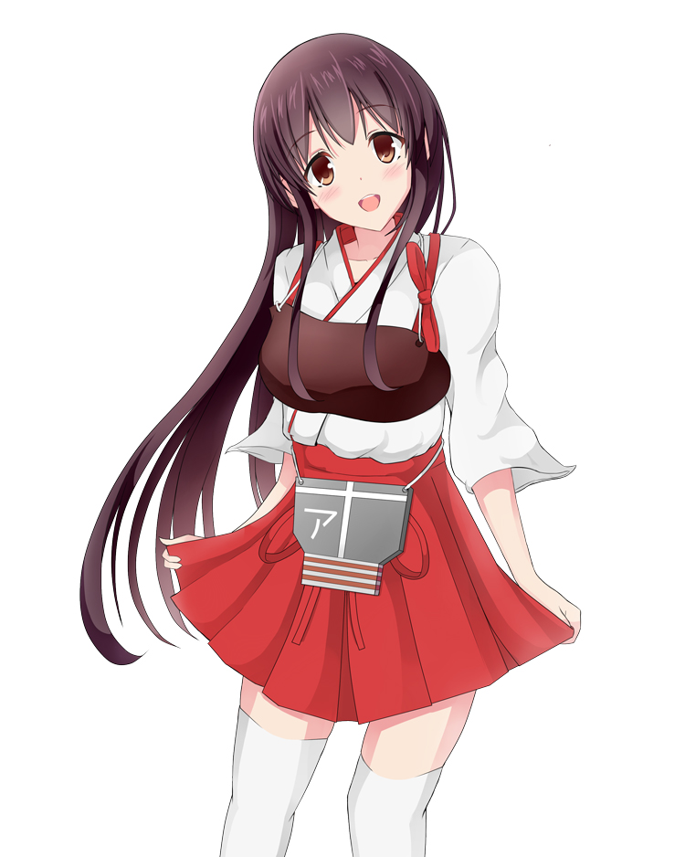 1girl akagi_(kantai_collection) blush breasts brown_eyes brown_hair cowboy_shot hakama_skirt kantai_collection kuro75268 large_breasts long_hair looking_at_viewer muneate open_mouth pleated_skirt simple_background skirt skirt_hold smile solo thigh-highs white_background white_legwear
