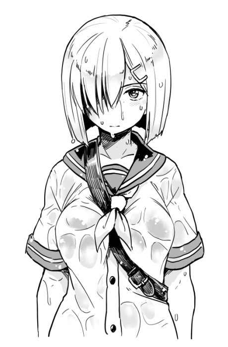 1girl breasts hair_ornament hair_over_one_eye hairclip hamakaze_(kantai_collection) kantai_collection looking_at_viewer monochrome nathaniel_pennel neckerchief school_uniform serafuku short_hair short_sleeves simple_background solo upper_body wet wet_clothes white_background