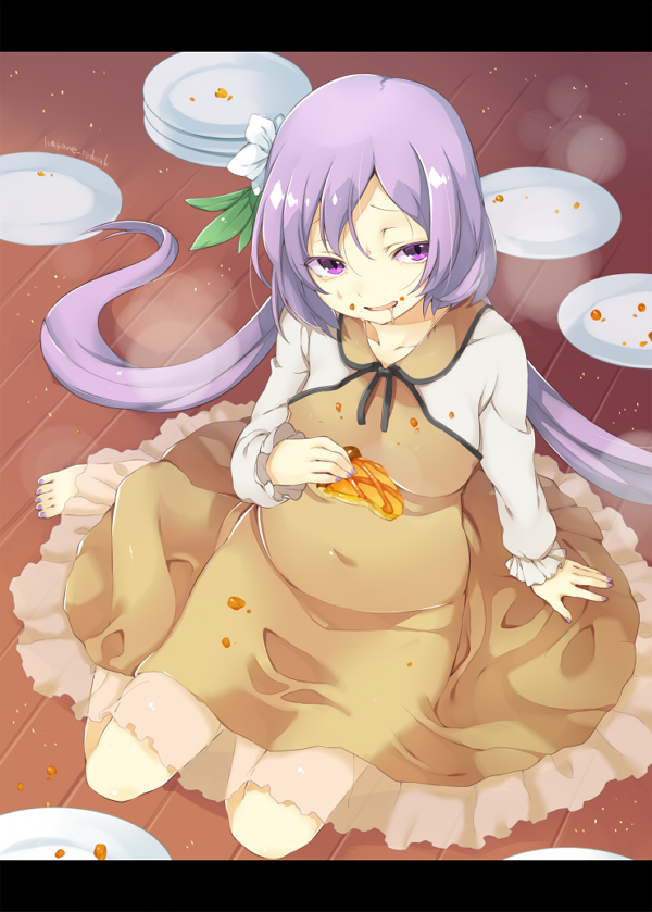 1girl akagashi_hagane apple_pie barefoot brown_dress dress food food_on_clothes food_on_face letterboxed long_hair long_sleeves low_twintails open_mouth plate purple_hair shirt sitting solo stack stomach_bulge touhou tsukumo_benben twintails very_long_hair violet_eyes