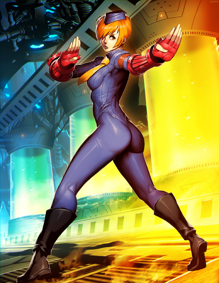 1girl ass blue_eyes boots breasts fighting_stance fingerless_gloves full_body garrison_cap genzoman gloves hair_over_one_eye hat juni leotard necktie orange_hair pantyhose short_hair solo street_fighter street_fighter_zero