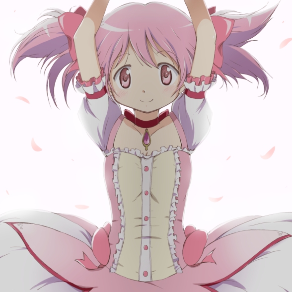 1girl arms_up choker dress kaname_madoka kinfuji looking_at_viewer magical_girl mahou_shoujo_madoka_magica pink_eyes pink_hair short_hair simple_background smile solo twintails white_background