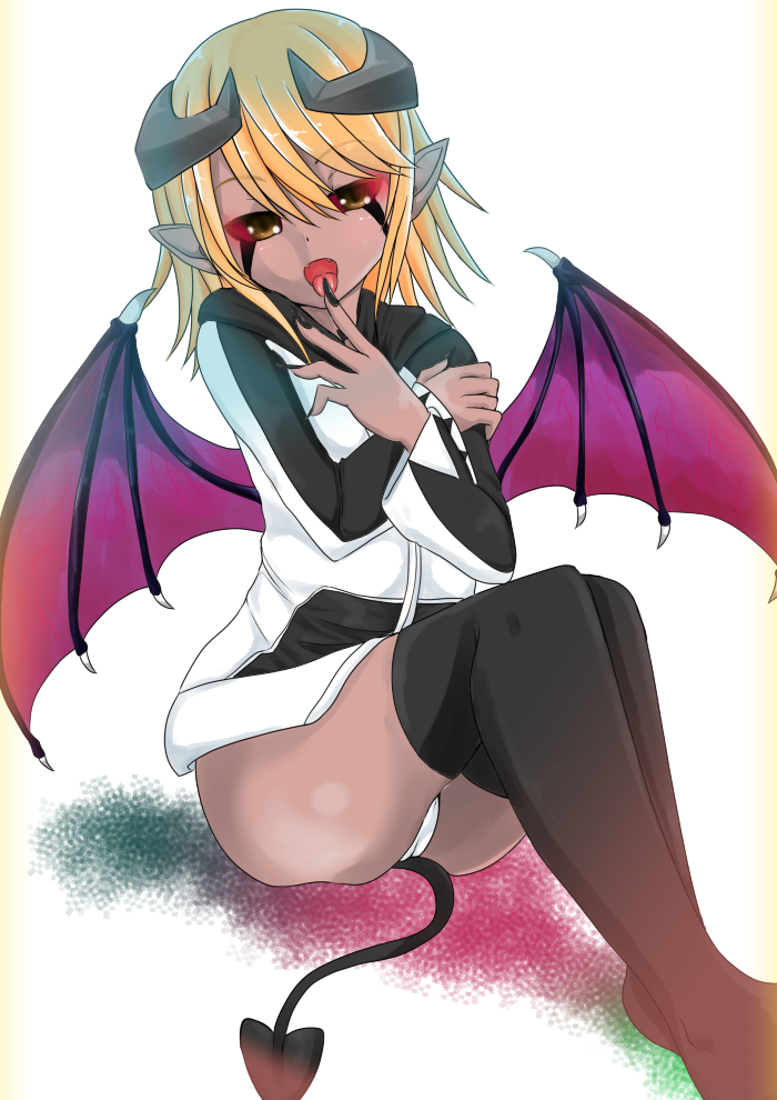 1girl black_nails blonde_hair crossed_arms demon_girl demon_horns demon_tail demon_wings devil fangs hoodie horns komomo_(picturecollapse) lilith_(monster_musume) monster_musume_no_iru_nichijou open_mouth pointy_ears red_sclera simple_background sitting solo tail thigh-highs tongue white_background wings yellow_eyes