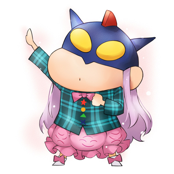 1girl action_kamen bobomaster bow bubble_skirt crayon_shin-chan frilled_skirt frills hata_no_kokoro helmet long_hair long_sleeves mask parody pink_hair plaid plaid_shirt pose sketch skirt touhou very_long_hair