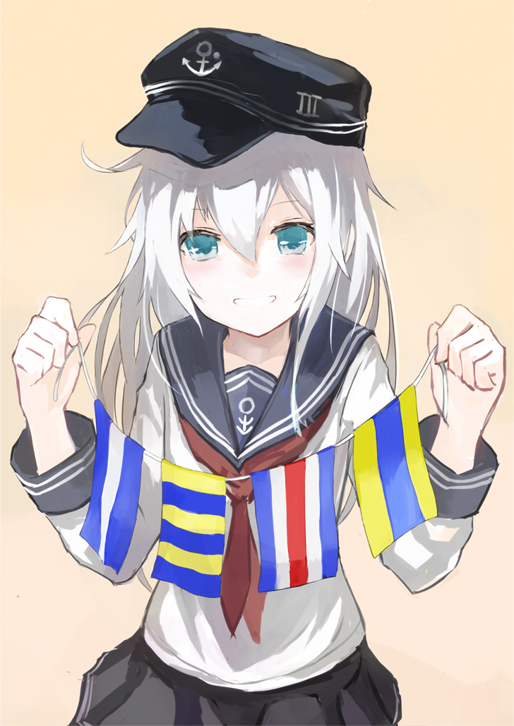 1girl blue_eyes flag hat hibiki_(kantai_collection) k_yukihiko kantai_collection long_hair silver_hair smile uniform