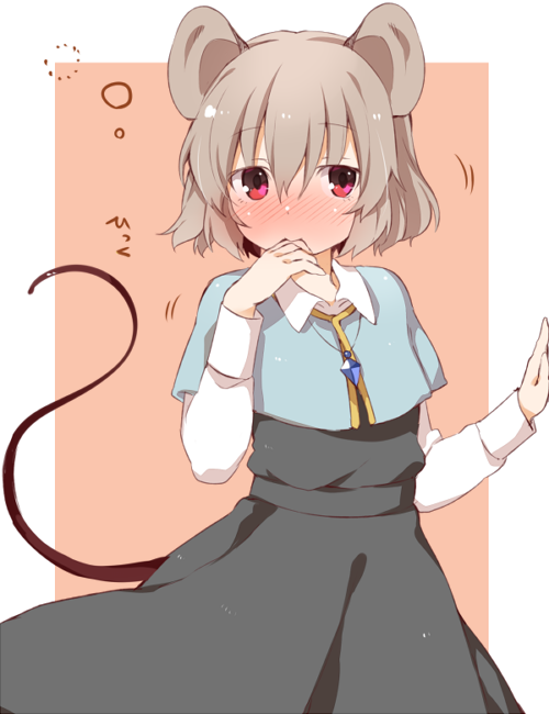 1girl akagashi_hagane animal_ears blush border capelet grey_hair jewelry long_sleeves looking_at_viewer mouse_ears mouse_tail nazrin necklace red_eyes shirt short_hair simple_background skirt skirt_set solo tail touhou vest