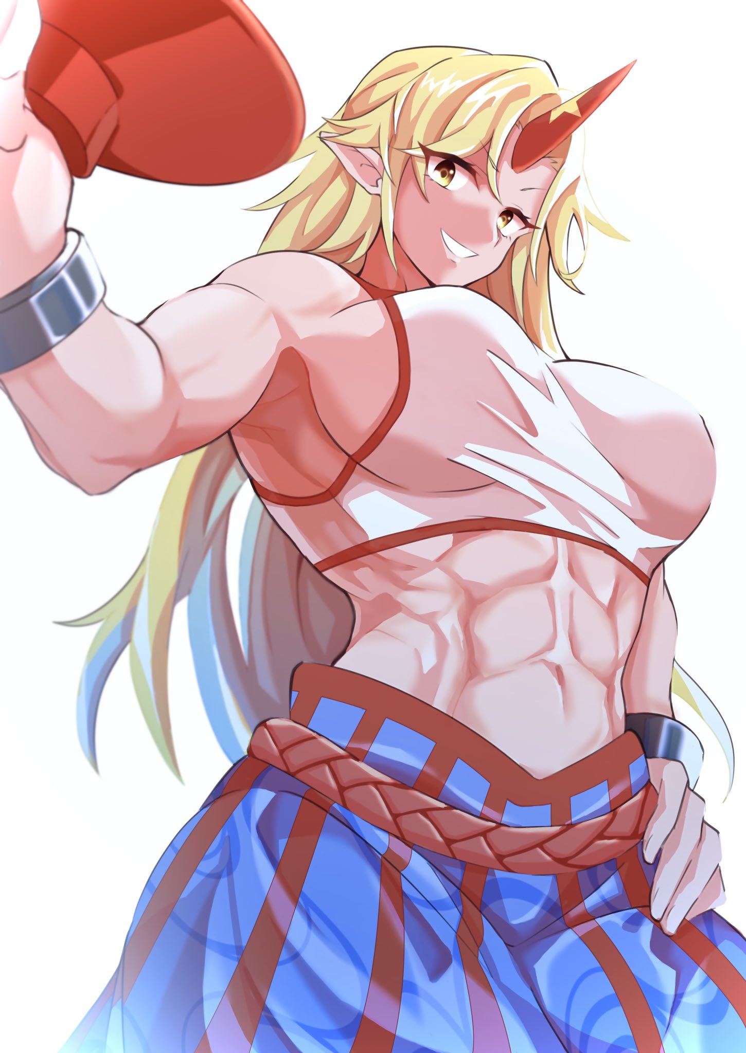 1girl abs alcohol bangs belly biceps blonde_hair blue_skirt breasts commentary_request crop_top cuffs cup fugaku_(miko_no_miyatsuguchi) hand_on_hip highres horns hoshiguma_yuugi long_hair medium_breasts midriff navel oni parted_bangs patterned_clothing pointy_ears sakazuki sake shackles simple_background single_horn skirt stomach tank_top touhou very_long_hair white_background white_tank_top yellow_eyes