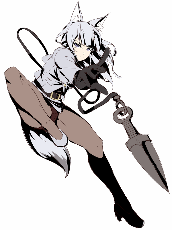 1girl animal_ears belt black_panties blue_eyes fox_ears fox_tail kageshio_(276006) kunai long_hair looking_at_viewer necktie original panties pantyhose silver_hair simple_background solo tail underwear uniform weapon white_background