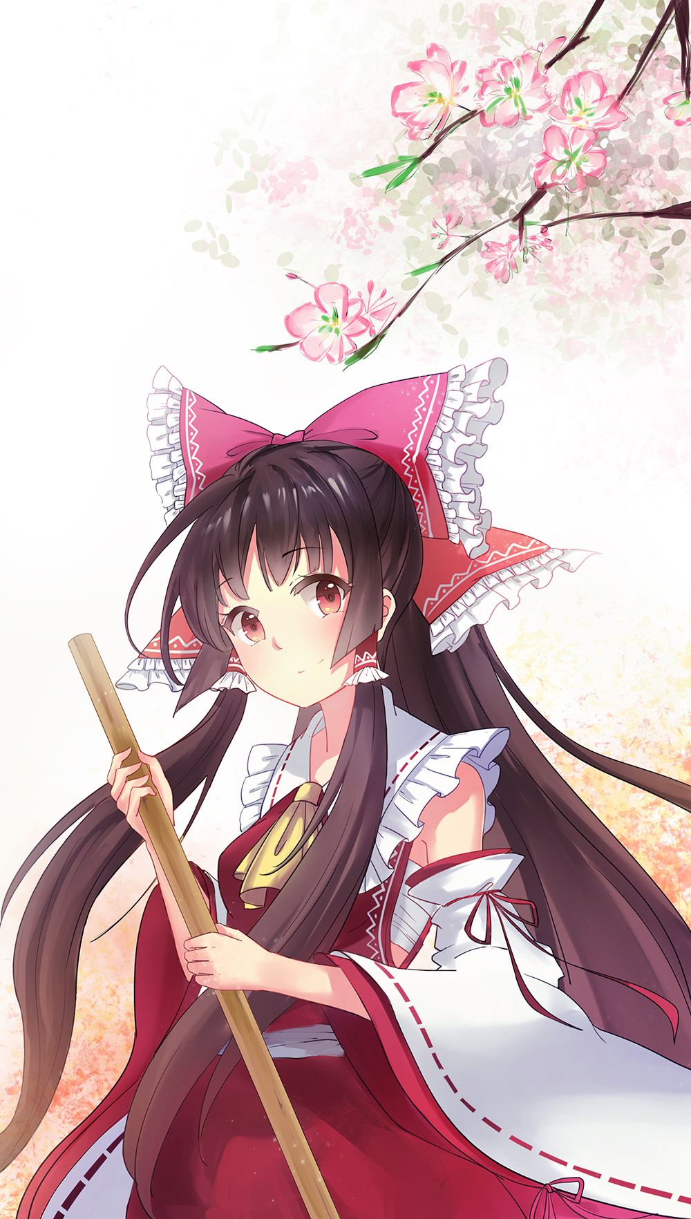 1girl ascot bai_banca black_hair bow broom cherry_blossoms detached_sleeves frilled_bow gradient gradient_background hair_bow hair_tubes hakurei_reimu head_tilt highres light_smile long_hair looking_at_viewer payot ponytail red_eyes ribbon-trimmed_sleeves ribbon_trim sarashi simple_background skirt skirt_set solo touhou tree_branch