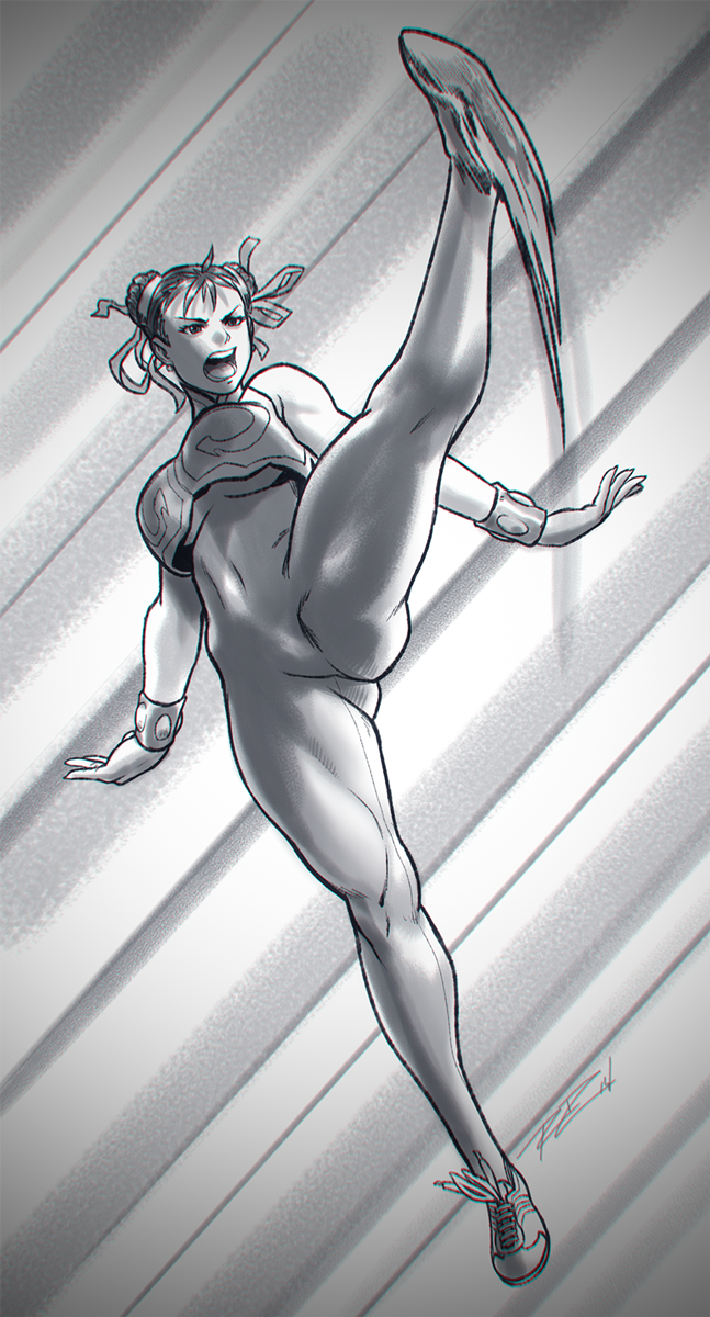 1girl bodystocking breasts chun-li double_bun greyscale hair_ribbon high_kick highres kicking monochrome motion_blur open_mouth ribbon robert_porter shoes sleeveless sneakers solo street_fighter street_fighter_zero studded_bracelet thick_thighs thighs vest