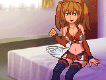 1girl animated animated_gif artist_request blue_eyes bouncing_breasts breast_squeeze breasts brown_hair character_name cleavage detached_sleeves halter_top halterneck large_breasts looking_at_viewer lowres midriff miniskirt navel on_bed pixel_art sitting skirt solo talking thigh-highs twintails zettai_ryouiki