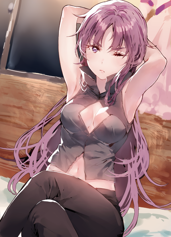 1girl arms_behind_head cleavage_cutout crossed_legs dsmile long_hair looking_at_viewer midriff mirai_nikki navel no_eyepatch one_eye_closed purple_hair sitting sleeveless solo uryuu_minene violet_eyes