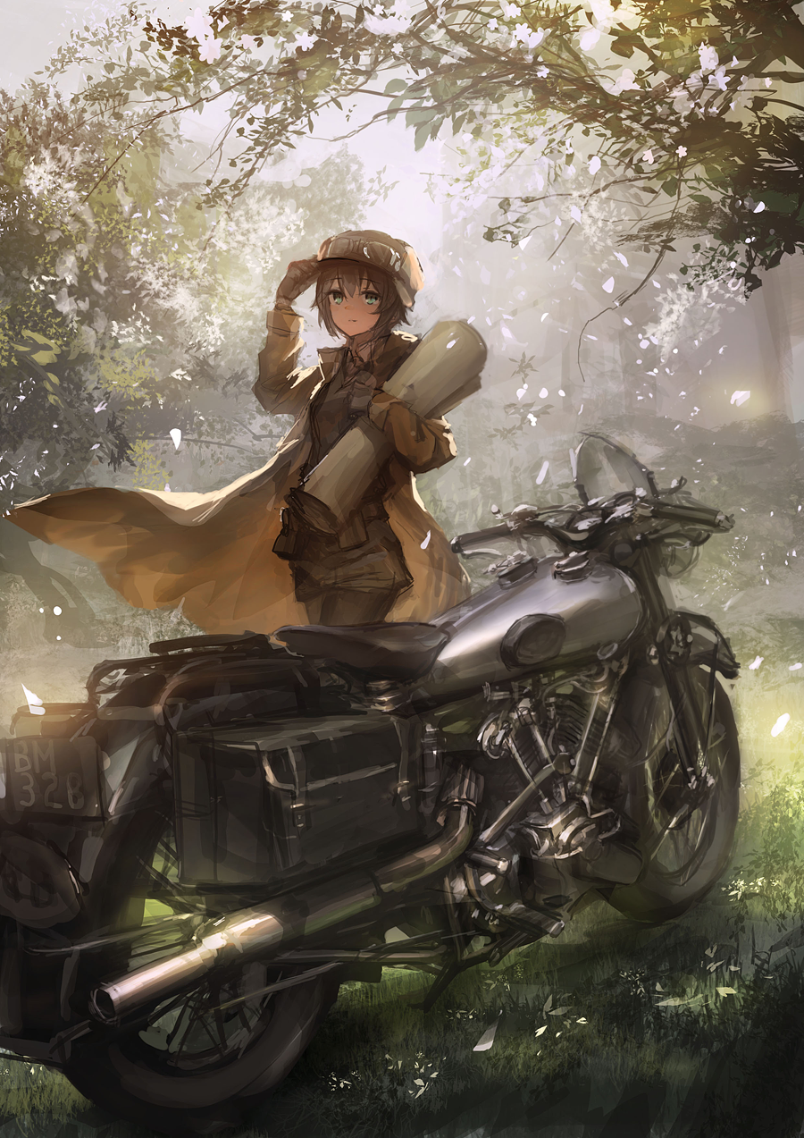 1girl adjusting_clothes adjusting_hat coat fur_hat goggles goggles_on_head hat highres kino kino_no_tabi lm7_(op-center) motor_vehicle motorcycle short_hair solo tree vehicle