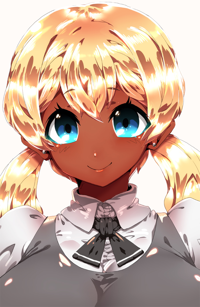 1girl blonde_hair blue_eyes breasts dark_skin earrings face jewelry long_hair looking_at_viewer simple_background smile solo tokyo_(great_akuta) twintails white_background