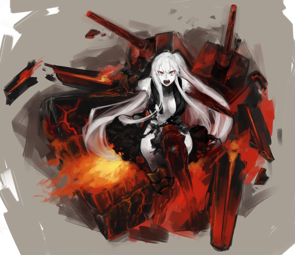 1girl aircraft_carrier_hime akesuke armored_boots black_dress boots breasts damaged dress fire kantai_collection long_hair looking_at_viewer open_mouth red_eyes shinkaisei-kan side_ponytail solo torn_clothes torn_dress turret veins very_long_hair white_hair white_skin