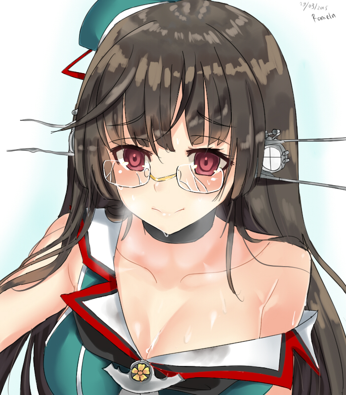 1girl artist_name black_hair blush breasts broken_glasses choker choukai_(kantai_collection) cleavage collarbone crack dated hair_ornament hat hat_ribbon kantai_collection long_hair mini_hat ranieln red_eyes remodel_(kantai_collection) ribbon solo wet