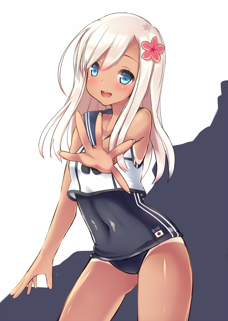 1girl bare_shoulders blonde_hair blue_eyes blush covered_navel cowboy_shot crop_top flower hair_flower hair_ornament kantai_collection long_hair neckerchief one-piece_swimsuit open_mouth outstretched_hand ro-500_(kantai_collection) sailor_collar school_swimsuit sei000 solo swimsuit swimsuit_under_clothes tan tanline