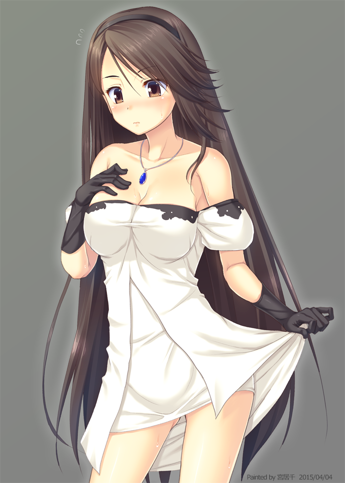1girl agnes_oblige bare_shoulders black_gloves blush bravely_default:_flying_fairy bravely_default_(series) breasts brown_eyes brown_hair cleavage dress flying_sweatdrops gloves hairband hand_on_own_chest jewelry large_breasts long_hair miyai_sen necklace pendant simple_background solo strapless_dress very_long_hair white_dress