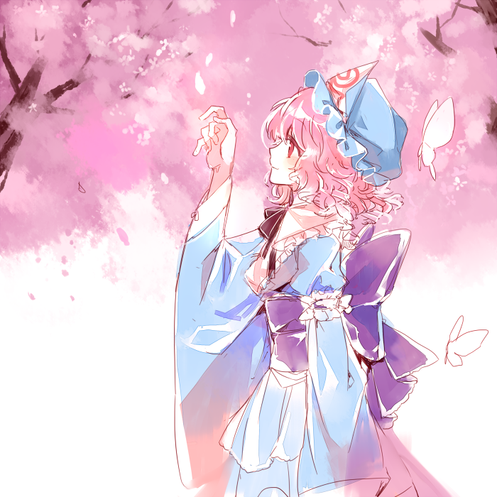 1girl blue_dress blush bow butterfly cherry_blossoms dress frills hat japanese_clothes long_sleeves mob_cap nr_(cmnrr) obi petals pink_hair profile red_eyes ribbon saigyouji_yuyuko sash short_hair simple_background smile solo touhou tree triangular_headpiece white_background wide_sleeves