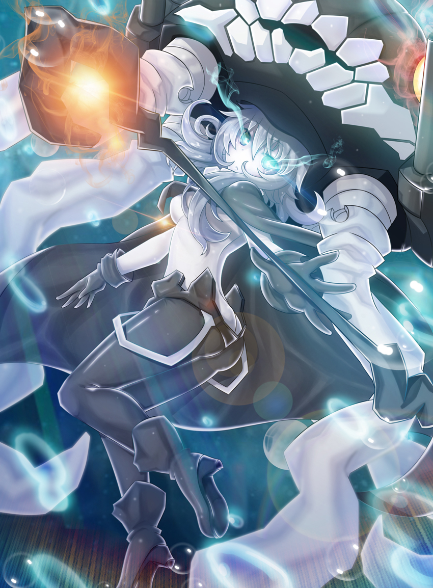 1girl :&lt; black_boots black_gloves blue_eyes bodysuit boots cane cape gloves glowing glowing_eyes headgear kantai_collection long_hair looking_at_viewer pale_skin shinkaisei-kan silver_hair solo sora_(dkssud6580) tentacles white_skin wo-class_aircraft_carrier