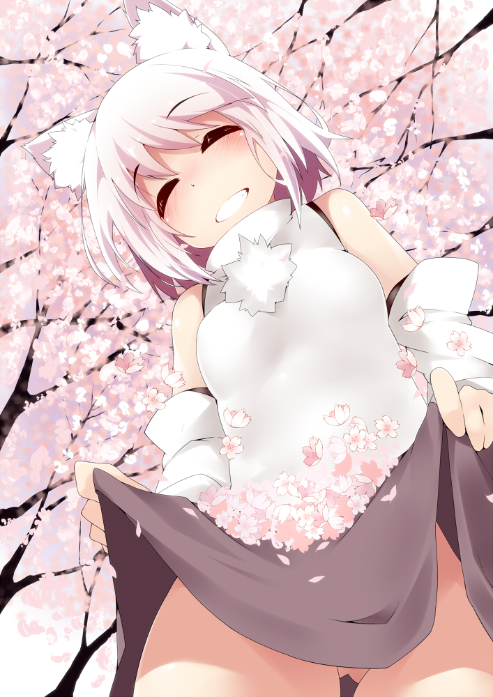 1girl animal_ears blush breasts cherry_blossoms closed_eyes detached_sleeves facing_viewer grin inubashiri_momiji no_hat no_panties petals pom_pom_(clothes) short_hair skirt skirt_basket skirt_lift smile solo standing tera_zip touhou tree white_hair wolf_ears