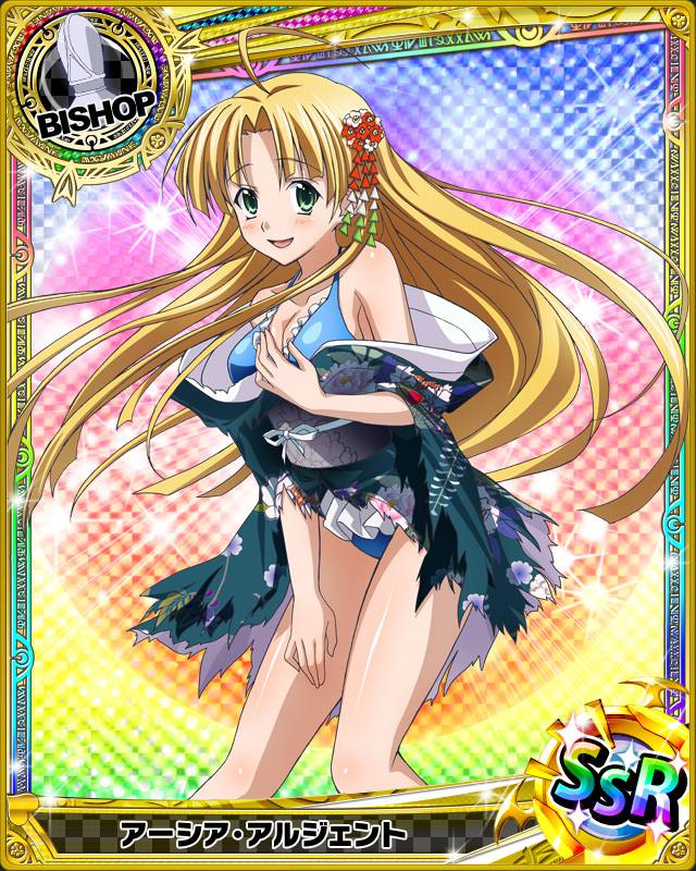 1girl asia_argento bishop_(chess) blonde_hair breasts green_eyes high_school_dxd japanese_clothes kimono long_hair official_art solo swimsuit thigh-highs torn_clothes trading_cards