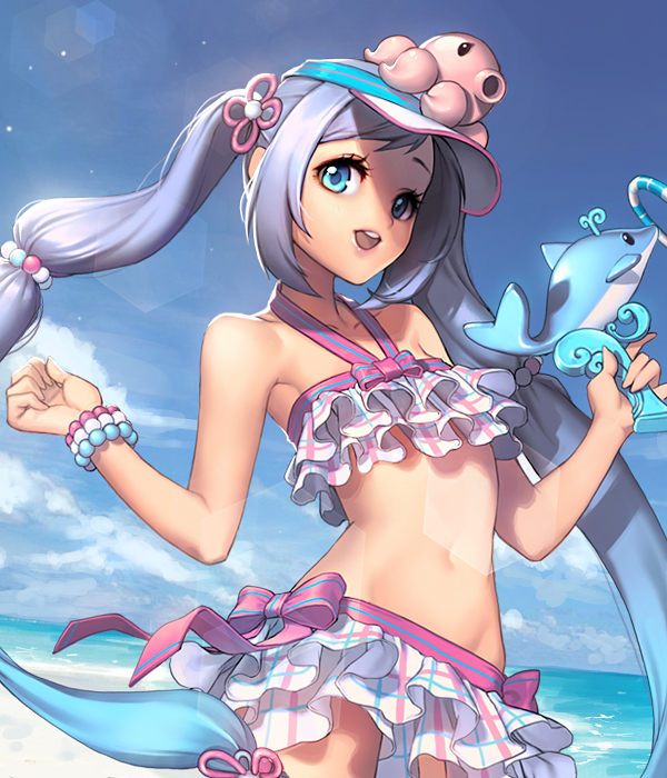 1girl beach bikini bikini_skirt blue_eyes blue_hair bracelet chaos_heroes_online clouds dutch_angle flat_chest frilled_bikini frills gradient_hair jewelry lens_flare long_hair looking_at_viewer love_cacao multicolored_hair navel official_art open_mouth outdoors silver_hair simple_background sky smile solo swimsuit transparent_background twintails tyria_(chaos_online) very_long_hair water