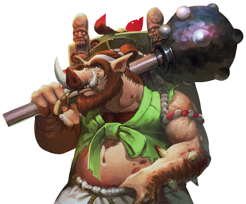 1boy artist_request bandages beard brown_hair chaos_heroes_online facial_hair gift green_eyes mace male_focus navel official_art pointy_ears simple_background solo transparent_background tubalkein tusks warthog weapon