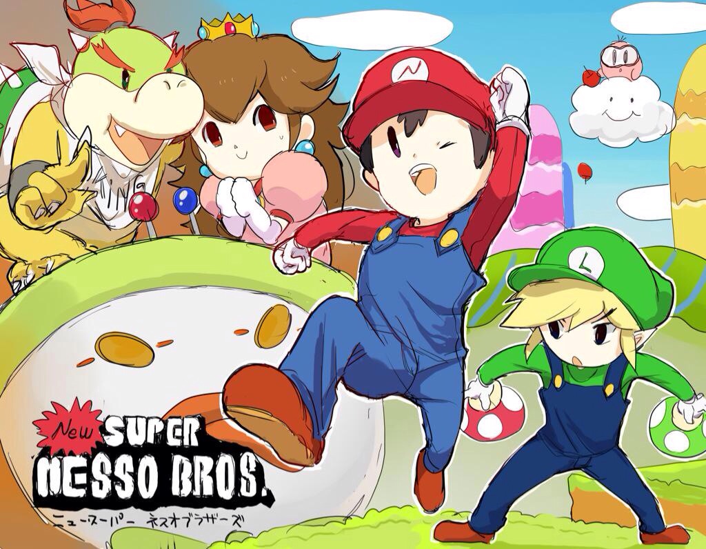 1girl 4boys ;d black_eyes blonde_hair bowser_jr. bracelet brown_hair clenched_hands clouds doubutsu_no_mori elbow_gloves eyebrows gloves goggles hat horns jewelry kirby kirby_(series) koopa_clown_car lakitu link long_hair luigi luigi_(cosplay) mario mario_(cosplay) monster_boy mother_(game) mother_2 multiple_boys mushroom myuu1995 ness nintendo one_eye_closed open_mouth overalls parody payot pointy_ears princess_peach princess_peach_(cosplay) puffy_sleeves raised_fist redhead short_hair smile solid_oval_eyes super_mario_bros. super_mushroom super_smash_bros. the_legend_of_zelda toon_link villager_(doubutsu_no_mori) white_gloves wind_waker