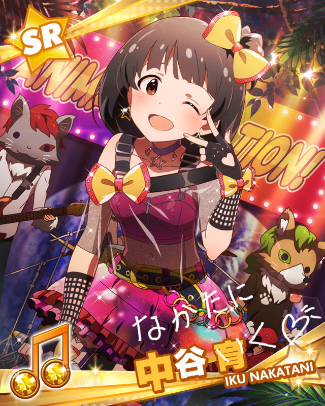 black_hair character_name choker dress fingerless_gloves gloves happy idolmaster idolmaster_million_live! nakatani_iku red_eyes ribbon short_hair wink