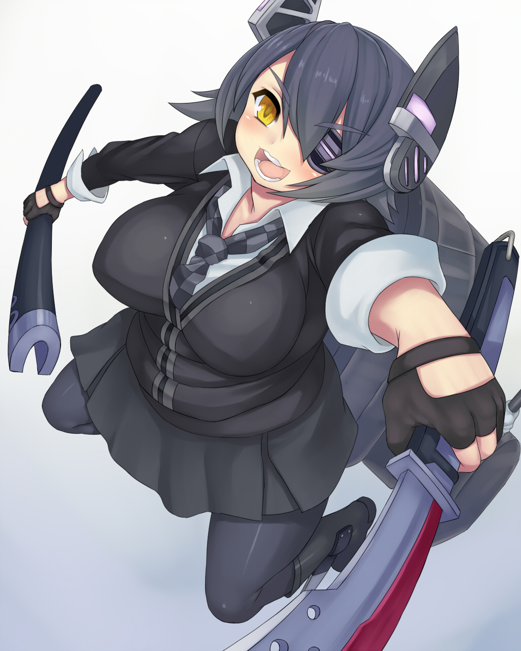 1girl :d belly black_hair black_legwear blush boots breasts checkered_necktie collared_shirt drawing_sword eyepatch fat fat_folds fingerless_gloves gloves headgear highres himadara kantai_collection large_breasts looking_at_viewer miniskirt necktie open_mouth pantyhose personification plump scabbard sheath short_hair skirt slit_pupils smile solo sweater sword tenryuu_(kantai_collection) wavy_mouth weapon yellow_eyes