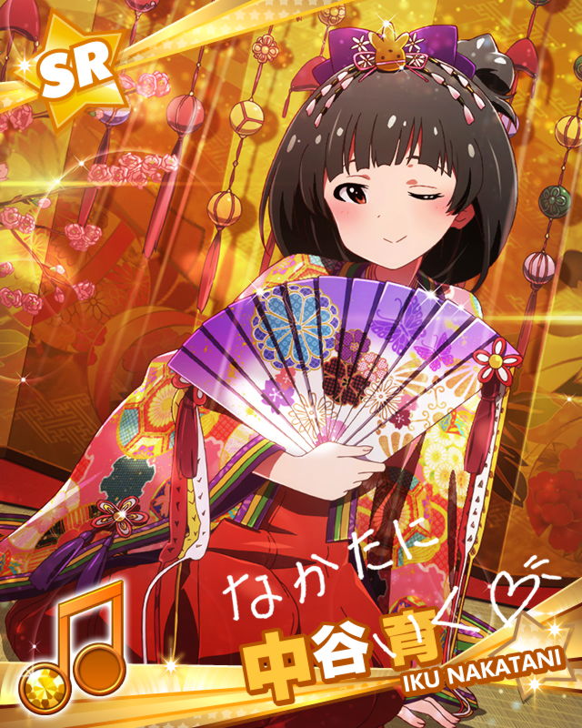 1girl black_hair blush character_name fan female idolmaster idolmaster_million_live! japanese_clothes nakatani_iku red_eyes short_hair smile solo wink yukata