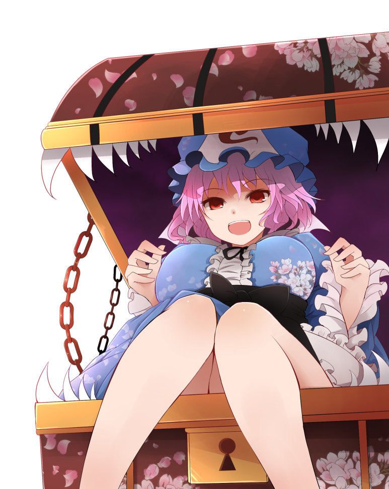 1girl arano_oki breasts chain hat in_container japanese_clothes large_breasts looking_at_viewer mimic_chest open_mouth pink_hair red_eyes saigyouji_yuyuko sharp_teeth short_hair simple_background smile solo touhou treasure_chest triangular_headpiece white_background