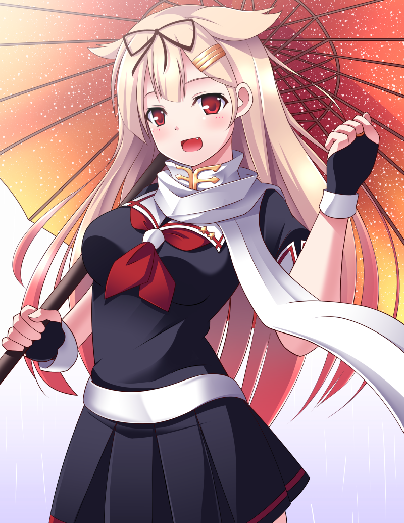 1girl :d blonde_hair blush breasts bridal_gauntlets fang hair_ornament hair_ribbon hairclip kantai_collection long_hair mokyu9nine open_mouth oriental_umbrella red_eyes ribbon scarf school_uniform serafuku skirt smile umbrella yuudachi_(kantai_collection)