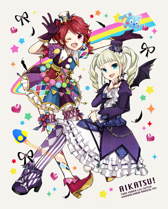 2girls :d ;d aikatsu! bear blonde_hair blue_eyes buzz chain demon_wings dress drill_hair earrings feathers gloves hat ichinose_kaede jewelry looking_at_viewer mini_top_hat multiple_girls ojou-sama_pose one_eye_closed open_mouth pantyhose red_eyes redhead short_hair smile thigh-highs top_hat toudou_yurika twin_drills wings