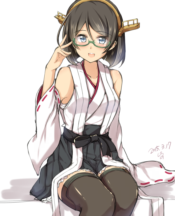 1girl bare_shoulders black_skirt blush detached_sleeves green-framed_glasses grey_eyes grey_hair hairband headgear jiino kantai_collection kirishima_(kantai_collection) no_legwear nontraditional_miko open_mouth pleated_skirt ribbon-trimmed_sleeves ribbon_trim short_hair simple_background sitting skirt solo thigh-highs white_background