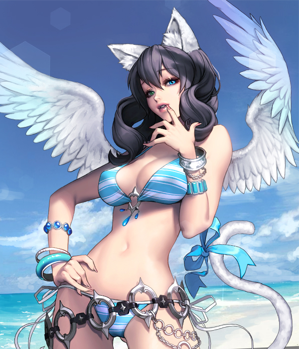 1girl akasha_(chaos_online) animal_ears bangle beach bikini blue_eyes bracelet breasts card_(medium) cat_ears cat_tail chaos_heroes_online clouds contrapposto fingernails green_eyes hand_on_hip heterochromia jewelry lens_flare long_fingernails long_hair looking_at_viewer love_cacao navel o-ring_top official_art outdoors parted_lips purple_hair sky solo swimsuit tail water wings