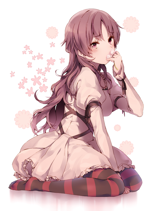 1girl blush dress dsmile eyepatch floral_background frilled_dress frills hand_to_own_mouth long_hair mirai_nikki purple_hair sitting solo striped striped_legwear uryuu_minene violet_eyes wariza