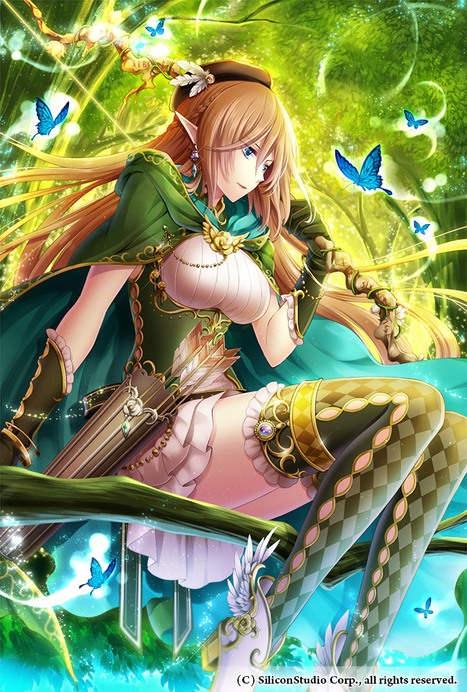 1girl arrow bangle bangs belt beret blonde_hair blue_eyes bodice bracelet braid breasts butterfly cape checkered checkered_legwear clasp company_name dress earrings elbow_gloves gloves glowing green_gloves green_legwear gyakushuu_no_fantasica hair_between_eyes hat hat_feather high_heels holding in_tree jewelry light_particles long_hair looking_away official_art original pleated_dress pointy_ears quiver rinko_(mg54) runes short_dress sitting sitting_in_tree solo staff thigh-highs tree tree_branch very_long_hair watermark white_dress winged_shoes zettai_ryouiki