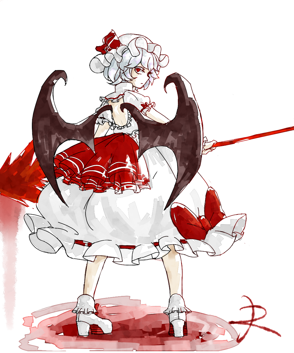 1girl bat_wings blue_hair hat highres red_eyes remilia_scarlet rollcake short_hair solo spear_the_gungnir touhou wings