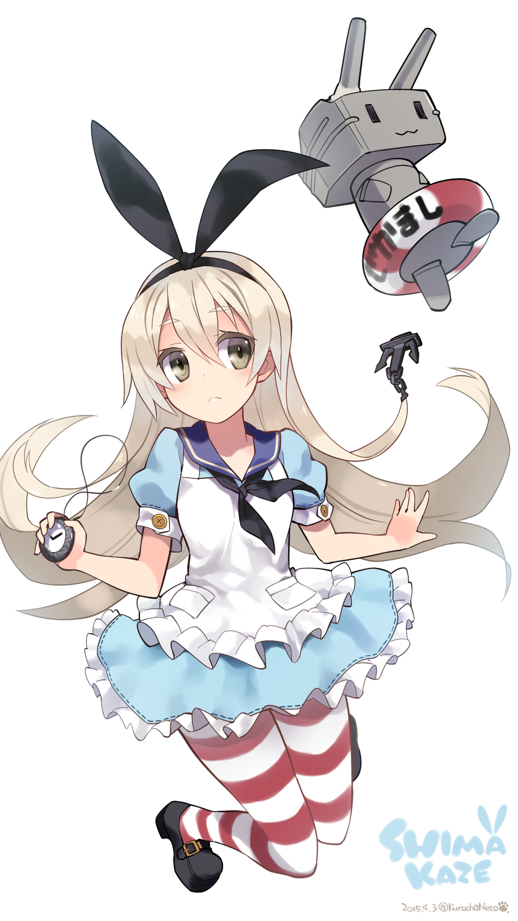1girl :&lt; :3 adapted_costume alice_(wonderland) alice_(wonderland)_(cosplay) anchor_hair_ornament apron blonde_hair blue_dress blush buttons character_name cosplay dated dress frilled_apron frills hair_ornament hairband highres innertube kantai_collection knees_together_feet_apart kuro_chairo_no_neko long_hair pantyhose paw_print pocket_watch puffy_short_sleeves puffy_sleeves rensouhou-chan robot sailor_collar shimakaze_(kantai_collection) short_sleeves simple_background solo striped striped_legwear turret twitter_username watch white_background yellow_eyes |_|