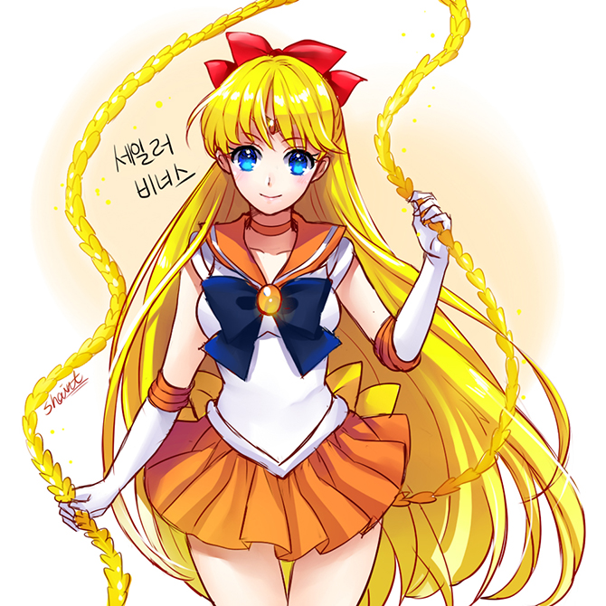 1girl aino_minako bishoujo_senshi_sailor_moon blonde_hair blue_bow blue_eyes bow chain choker elbow_gloves gloves hair_bow half_updo korean long_hair miniskirt orange_skirt pleated_skirt red_bow sailor_collar sailor_venus shainea signature skirt solo thigh_gap very_long_hair white_gloves