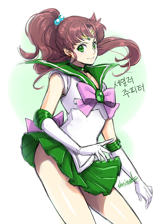 &gt;:) 1girl bishoujo_senshi_sailor_moon brown_hair choker circlet cowboy_shot elbow_gloves gloves green_eyes green_skirt hair_bobbles hair_ornament high_ponytail kino_makoto korean long_hair looking_at_viewer pink_bow ponytail sailor_collar sailor_jupiter shainea signature skirt skirt_lift solo very_long_hair white_gloves