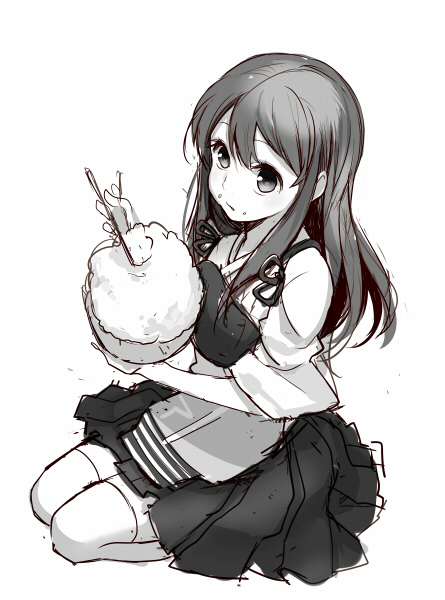 1girl akagi_(kantai_collection) eating kantai_collection long_hair monochrome simple_background skirt solo white_background yunkel_(zeijaku_mental)