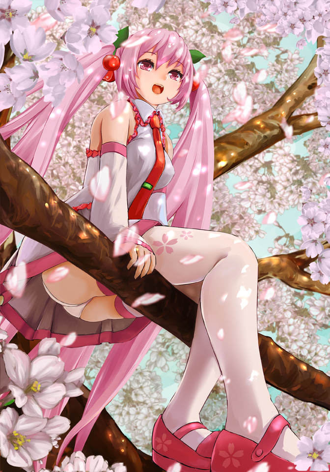 1girl :d black_legwear cherry cherry_blossoms flower food fruit hatsune_miku long_hair open_mouth pink_eyes pink_hair sakura_miku sitting smile solo spring_(season) thigh-highs twintails vocaloid yamako777